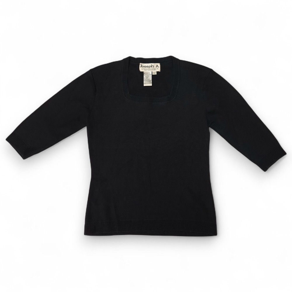 Joseph A Silk Blend Square Neck Fine Knit Pullover Three Quarter Sleeve Black‎ L